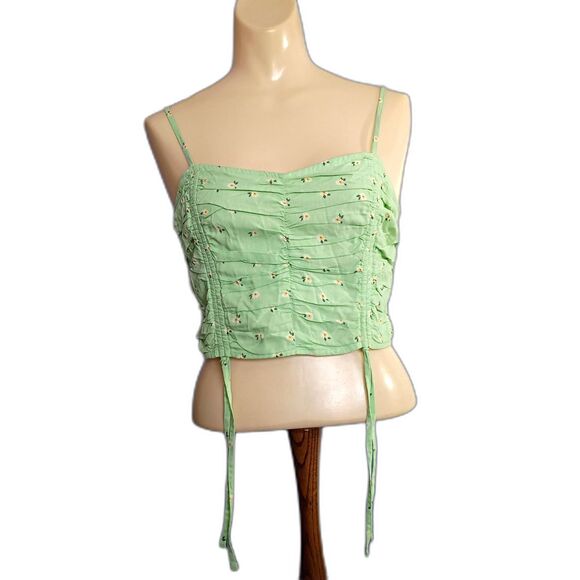 Hollister Mint Green Floral Cinched Ruched Cropped Cami Smocked Back M Coquette - Picture 3 of 10